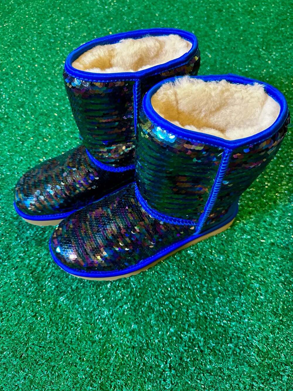 UGG Women's Classic Short Sequin Boots in Navy Blue Sparkle